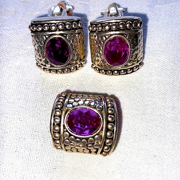 Y2K Pink Slide Pendant and Earrings Set Clip Earrings Antique Silver Tone Metal - Picture 2 of 7